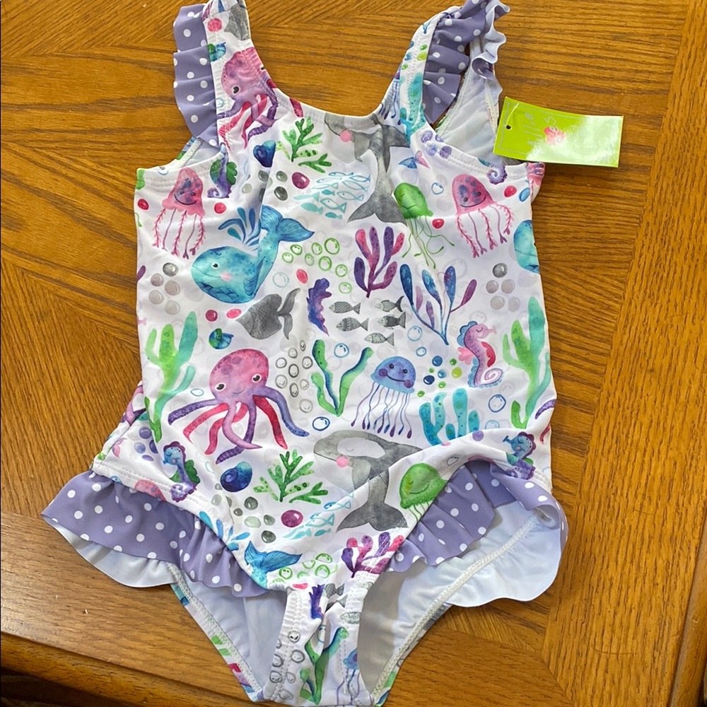 White and Purple One Piece Swimwear with Tropical Print